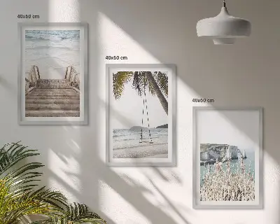 Juego de 3 cuadros con diseño de escalera de madera en la playa y columpio
