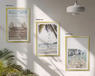 Juego de 3 cuadros con diseño de escalera de madera en la playa y columpio