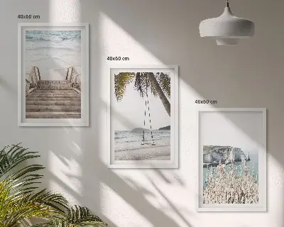 Juego de 3 cuadros con diseño de escalera de madera en la playa y columpio