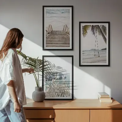 Juego de 3 cuadros con diseño de escalera de madera en la playa y columpio