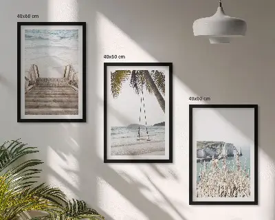 Juego de 3 cuadros con diseño de escalera de madera en la playa y columpio