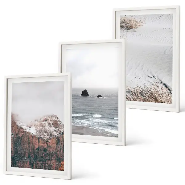 Set de 3 cuadros para salón con diseño de montañas, nubes, mar y arena