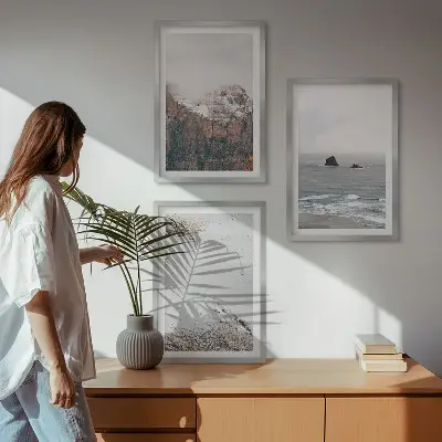 Set de 3 cuadros para salón con diseño de montañas, nubes, mar y arena