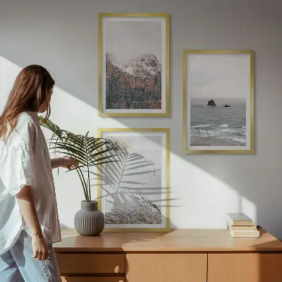 Set de 3 cuadros para salón con diseño de montañas, nubes, mar y arena