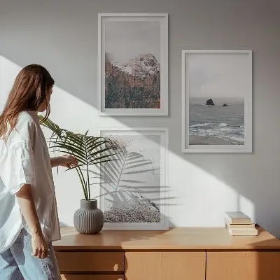 Set de 3 cuadros para salón con diseño de montañas, nubes, mar y arena