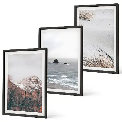 Set de 3 cuadros para salón con diseño de montañas, nubes, mar y arena