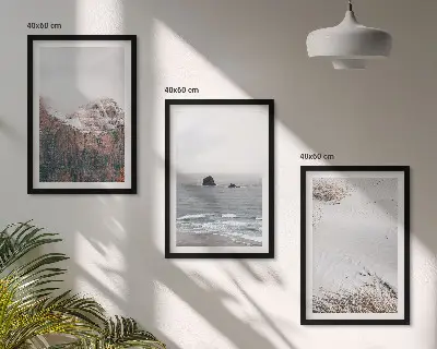 Set de 3 cuadros para salón con diseño de montañas, nubes, mar y arena