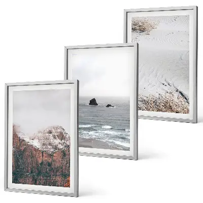 Set de 3 cuadros para salón con diseño de montañas, nubes, mar y arena