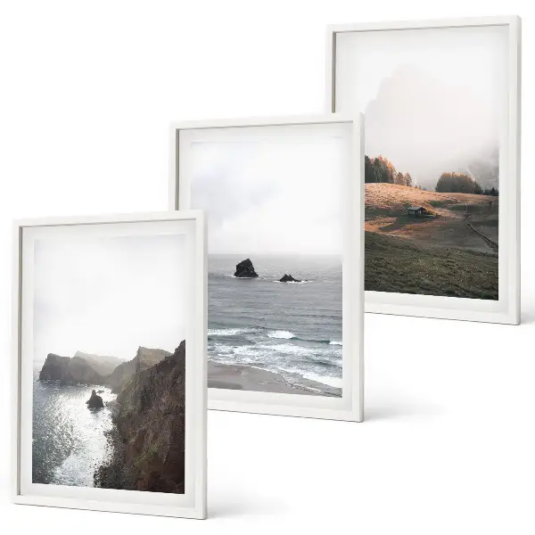 Set de 3 cuadros para salón con paisajes de montañas y mar