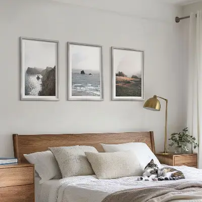 Set de 3 cuadros para salón con paisajes de montañas y mar