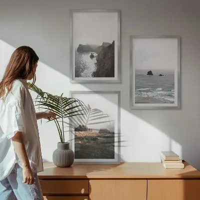 Set de 3 cuadros para salón con paisajes de montañas y mar