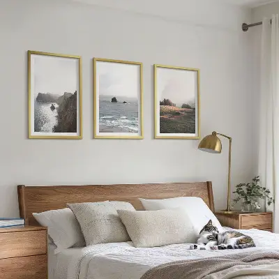 Set de 3 cuadros para salón con paisajes de montañas y mar