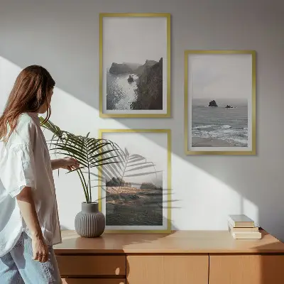 Set de 3 cuadros para salón con paisajes de montañas y mar