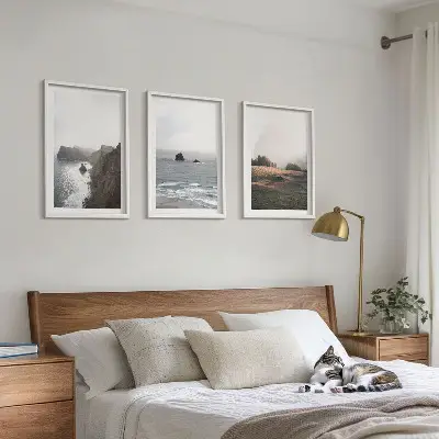 Set de 3 cuadros para salón con paisajes de montañas y mar