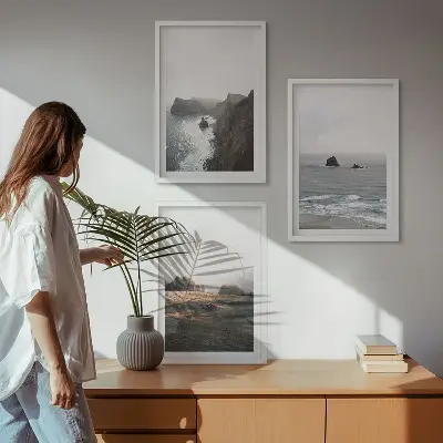 Set de 3 cuadros para salón con paisajes de montañas y mar
