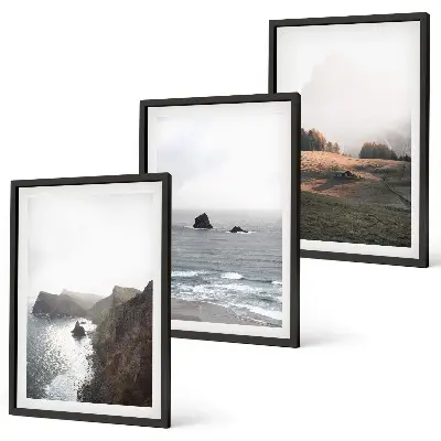 Set de 3 cuadros para salón con paisajes de montañas y mar