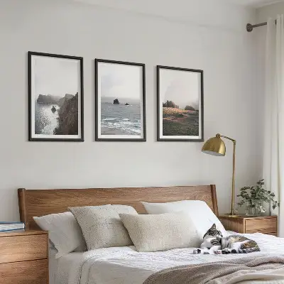 Set de 3 cuadros para salón con paisajes de montañas y mar