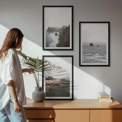 Set de 3 cuadros para salón con paisajes de montañas y mar
