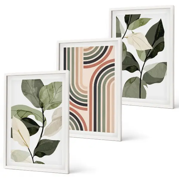 Set de 3 cuadros para salón con motivos vegetales y geométricos