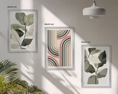 Set de 3 cuadros para salón con motivos vegetales y geométricos