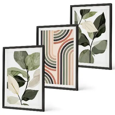 Set de 3 cuadros para salón con motivos vegetales y geométricos
