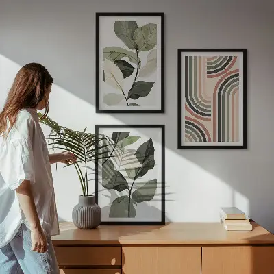 Set de 3 cuadros para salón con motivos vegetales y geométricos