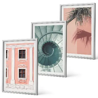 Set de 3 cuadros para salón con diseño de arquitectura espiral en tonos pastel