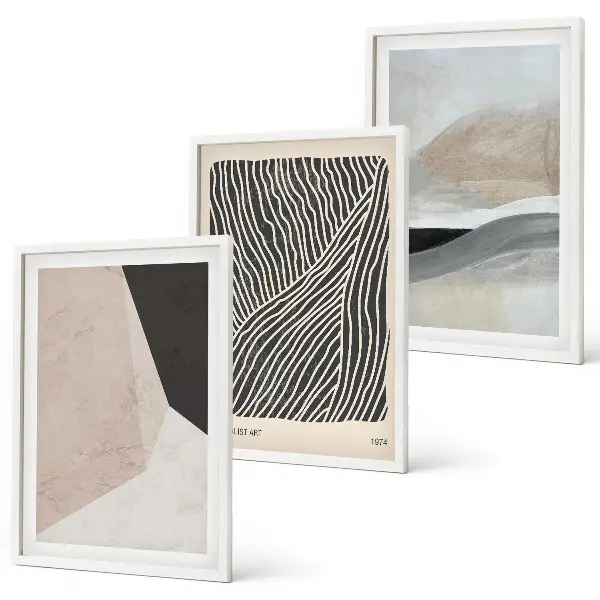Juego de 3 cuadros con estampados abstractos en tonos beige y gris
