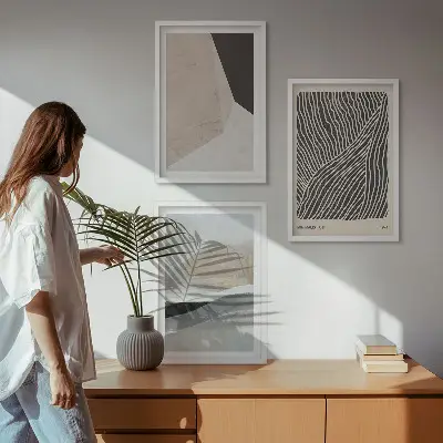 Juego de 3 cuadros con estampados abstractos en tonos beige y gris