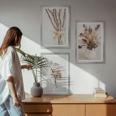 Set de 3 cuadros de ramas de flores minimalistas para salón