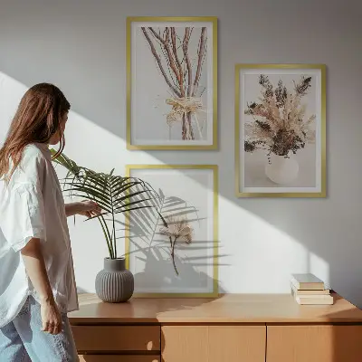 Set de 3 cuadros de ramas de flores minimalistas para salón