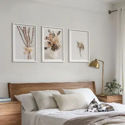 Set de 3 cuadros de ramas de flores minimalistas para salón