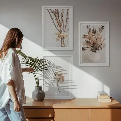 Set de 3 cuadros de ramas de flores minimalistas para salón