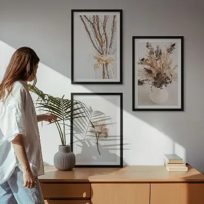 Set de 3 cuadros de ramas de flores minimalistas para salón