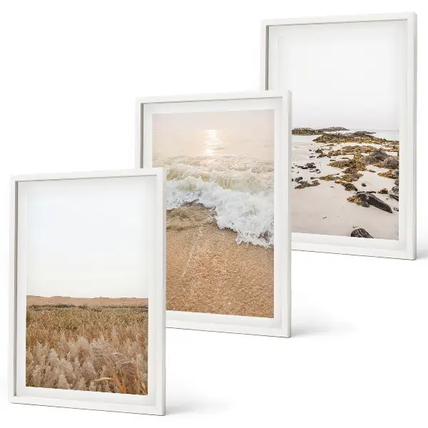 Set de 3 cuadros decorativos para salón con diseño de olas de playa, piedras y verano