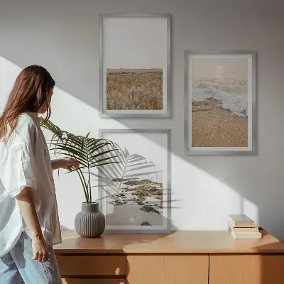 Set de 3 cuadros decorativos para salón con diseño de olas de playa, piedras y verano