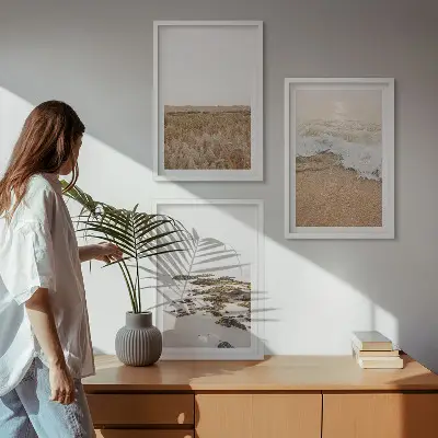Set de 3 cuadros decorativos para salón con diseño de olas de playa, piedras y verano