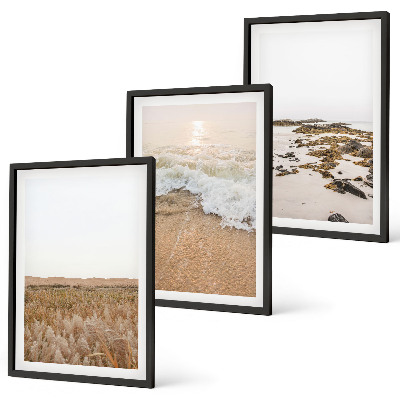 Set de 3 cuadros para salón Olas de playa, piedras, verano