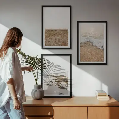 Set de 3 cuadros decorativos para salón con diseño de olas de playa, piedras y verano