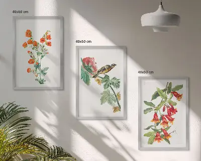 Juego de 3 cuadros con diseño de flores pintadas y un pájaro