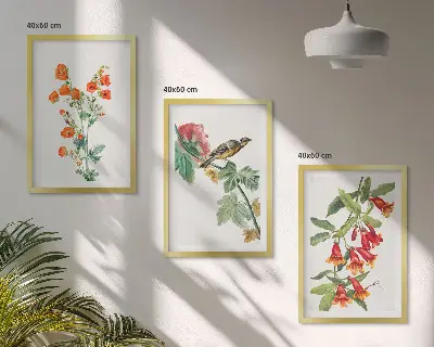 Juego de 3 cuadros con diseño de flores pintadas y un pájaro