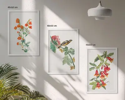 Juego de 3 cuadros con diseño de flores pintadas y un pájaro