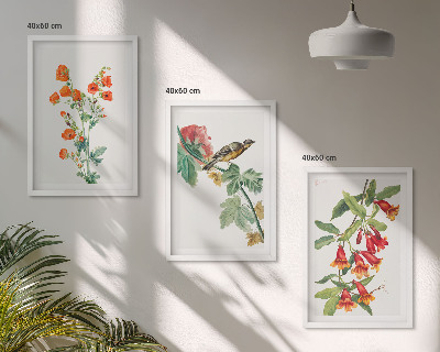 Juego de 3 cuadros Flores pintadas y un pájaro