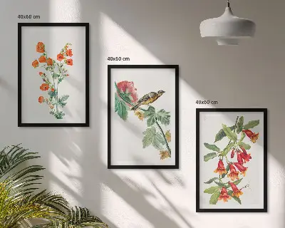 Juego de 3 cuadros con diseño de flores pintadas y un pájaro