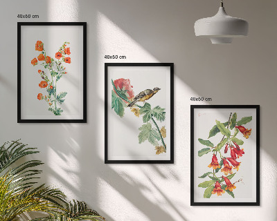 Juego de 3 cuadros Flores pintadas y un pájaro