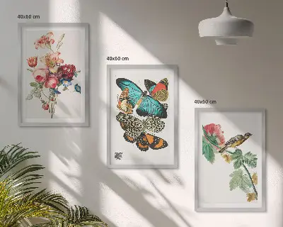 Set de 3 cuadros para salón con diseño de flores, mariposas y pájaros en tonos pastel