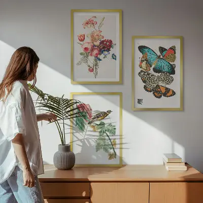 Set de 3 cuadros para salón con diseño de flores, mariposas y pájaros en tonos pastel