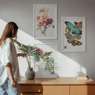 Set de 3 cuadros para salón con diseño de flores, mariposas y pájaros en tonos pastel