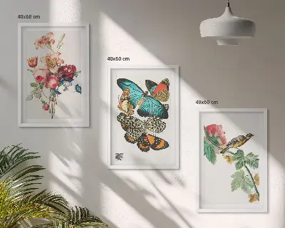 Set de 3 cuadros para salón con diseño de flores, mariposas y pájaros en tonos pastel