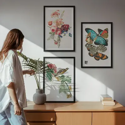 Set de 3 cuadros para salón con diseño de flores, mariposas y pájaros en tonos pastel
